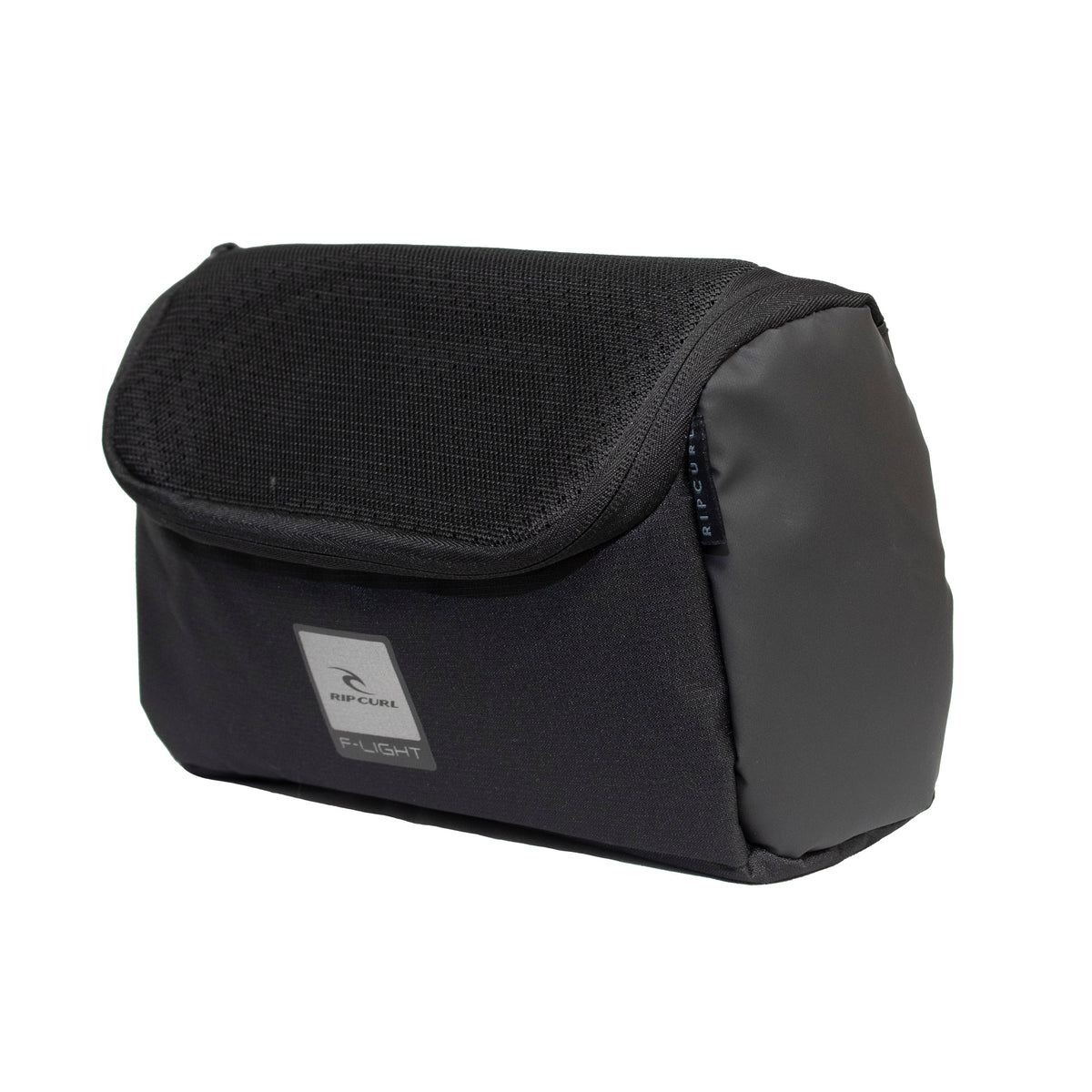 The Rip Curl F-Light Toiletry Midnight is a black, water-resistant polyester bag with a flap closure and a small front logo patch. It boasts a sleek design with a lightly textured top and smooth sides, blending style and practicality.