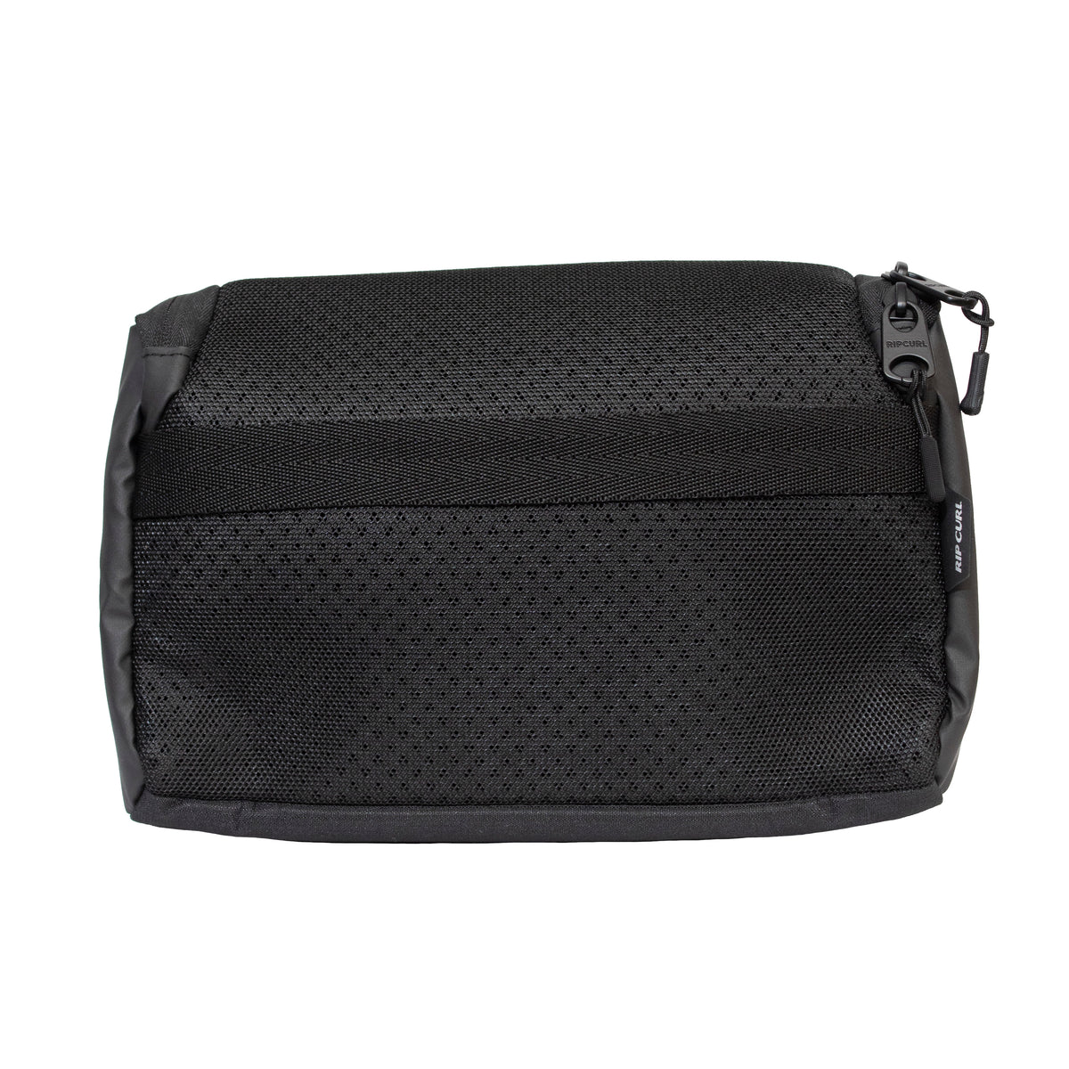 The Rip Curl F-Light Toiletry Midnight bag features a black mesh design with a smooth front panel and side seams. It includes a metal zipper with an attached tag in the top right corner, showcasing the visible texture of its durable recycled material.