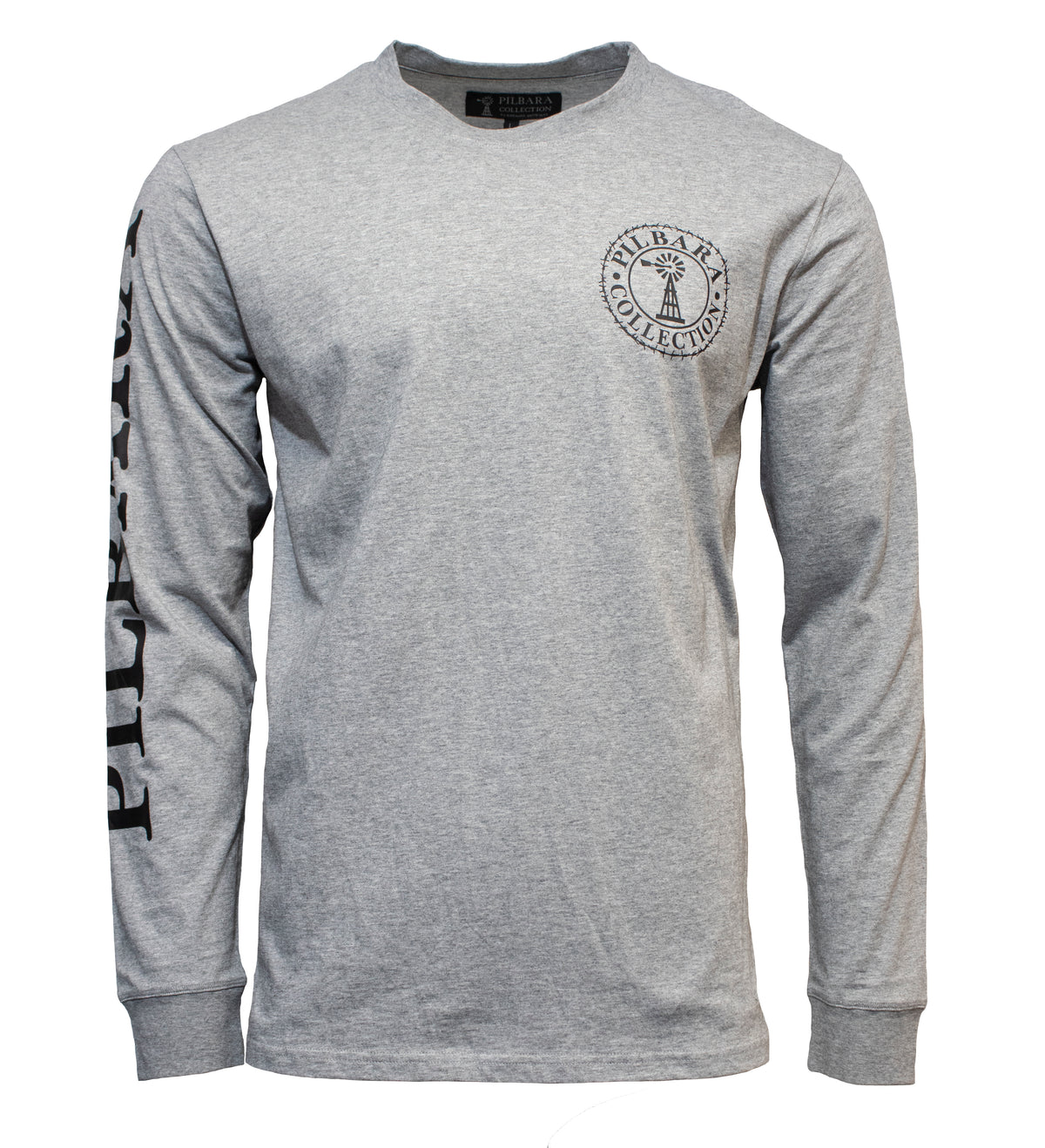 Experience unparalleled comfort with the Pilbara Long Sleeve T-Shirt, made from 100% cotton. This gray casual shirt flaunts black text on the left sleeve, a stylish black graphic on the upper left chest, and a round neckline for an ideal fit.
