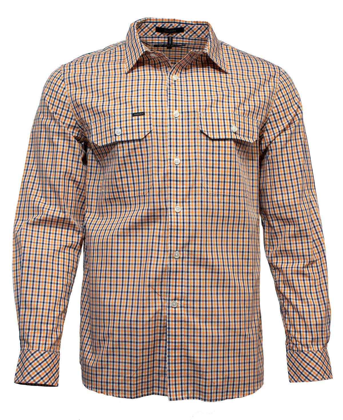 The Pilbara Check Double Pocket Shirt is a long-sleeved, button-up work shirt with a small blue and yellow checkered pattern, tailored for Australian working conditions. It features two chest pockets with buttoned flaps and a standard collar.