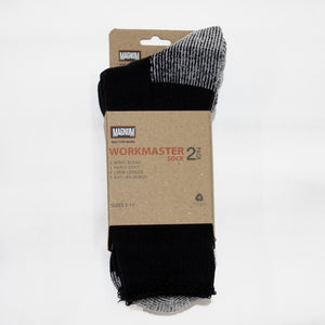 A package of Magnum Workmaster Wool Blend 2pk Socks. The packaging states "2 pack, Wool Blend, Heavy Duty, Crew Length, Anti-Microbial" and indicates sizes 7-11. The black socks feature a gray and black speckled design on the toe and upper portion for optimal moisture management.