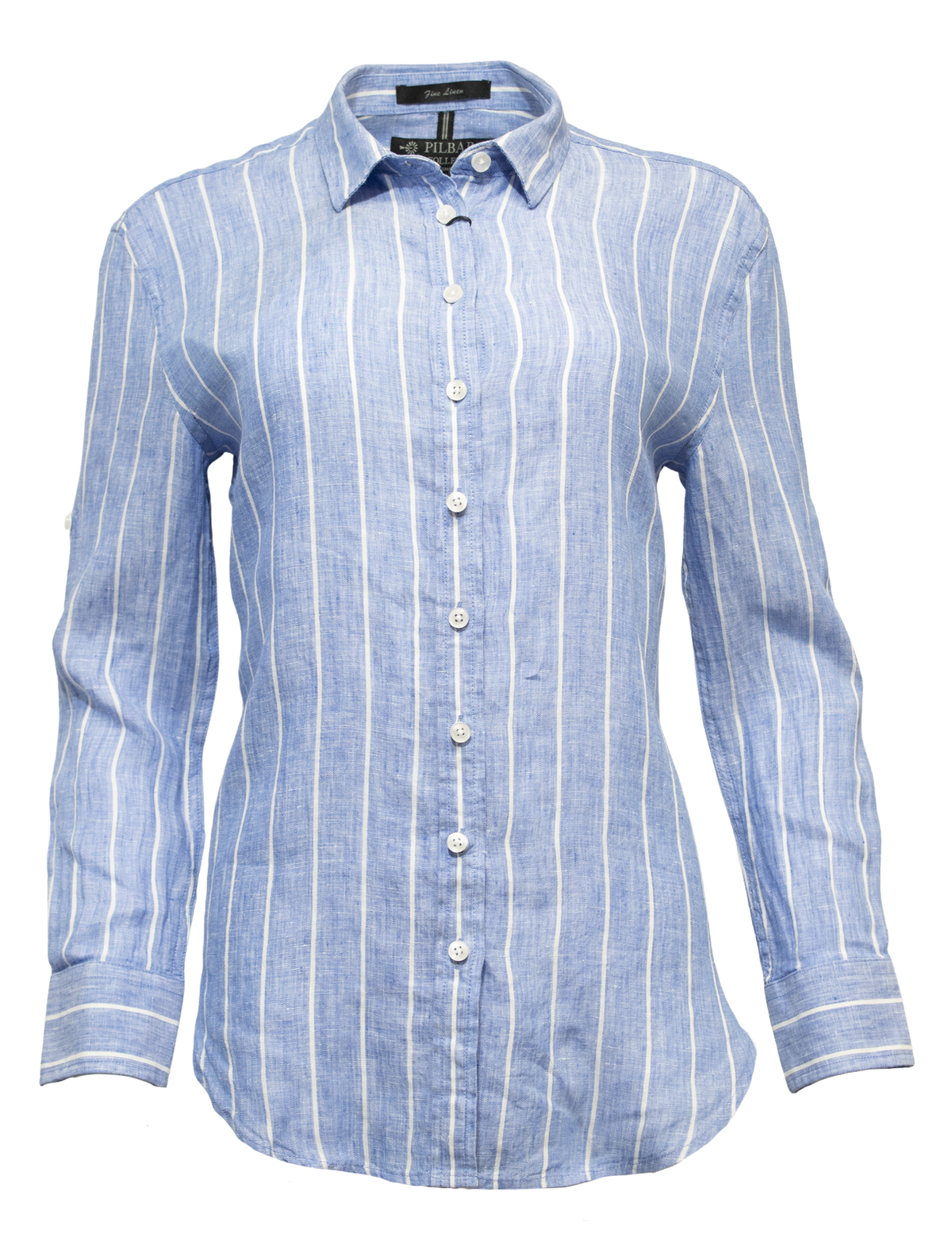 The Pilbara Ladies Linen Swiss Tab Shirt is made from 100% linen and showcases a blue and white vertical stripe design with a classic collar against a pristine white background.