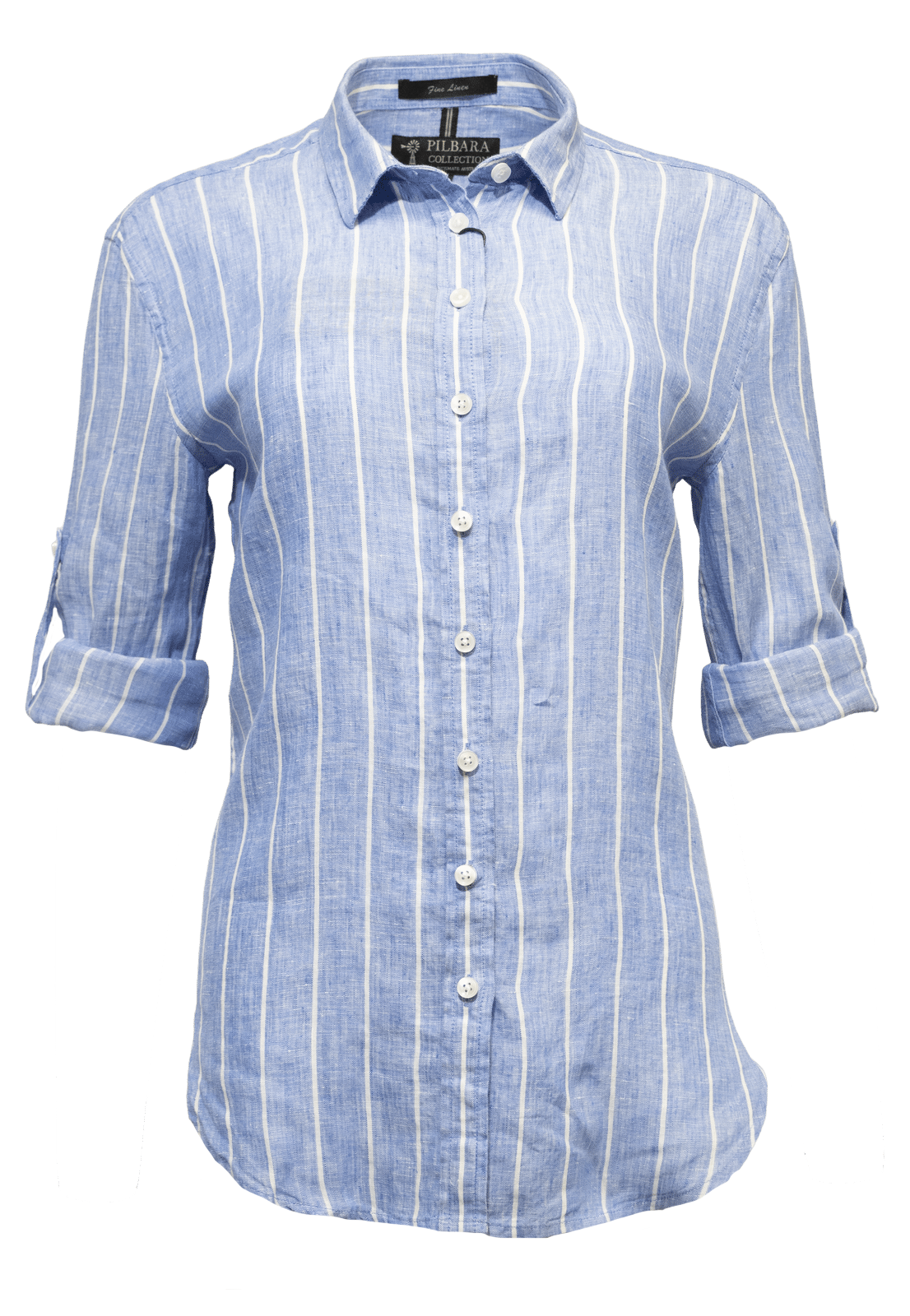 The Pilbara Ladies Linen Swiss Tab Shirt in light blue boasts white vertical stripes. Made from 100% linen, it has rolled-up sleeves to the elbows and a classic collar for a timeless look.