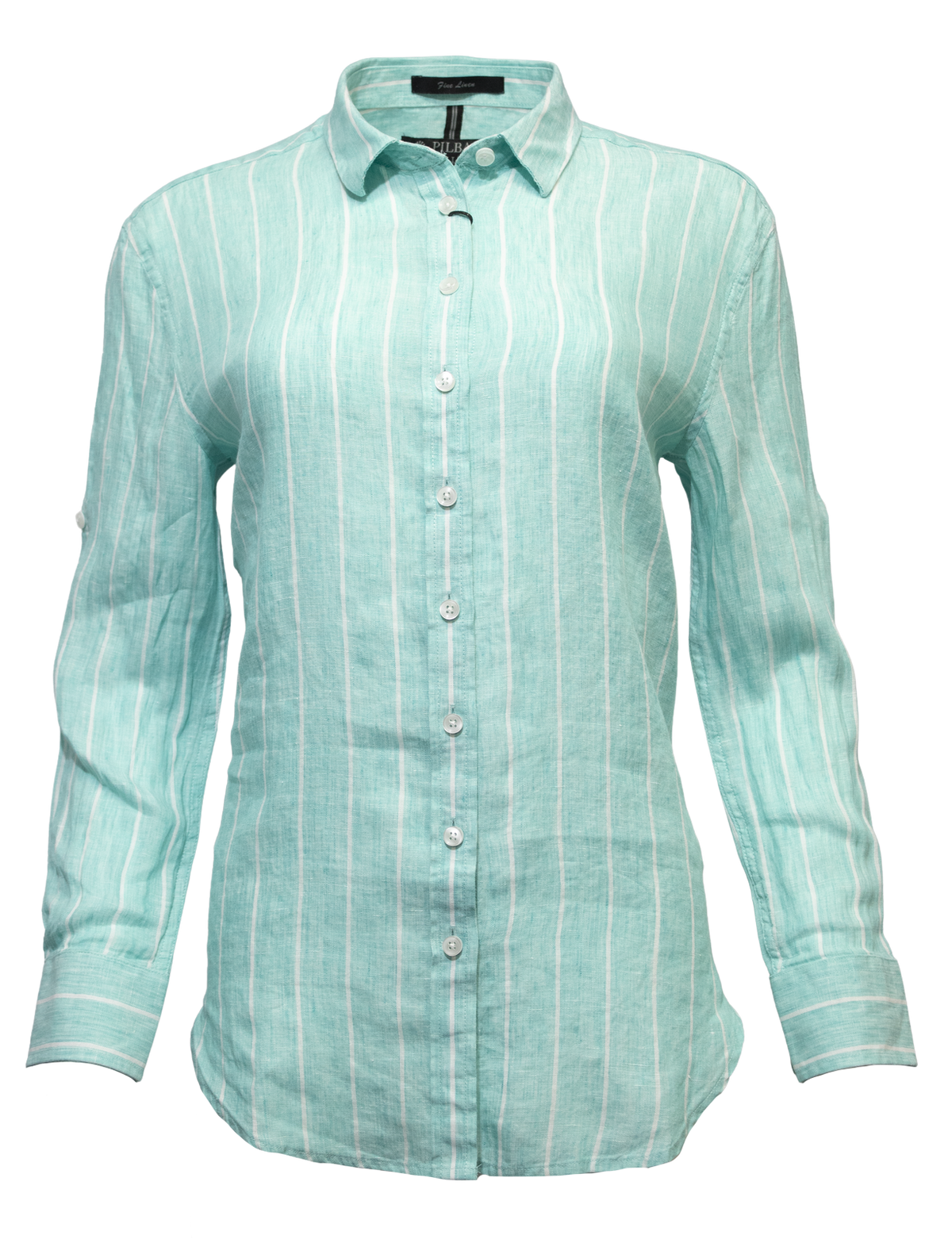 The Pilbara Ladies Linen Swiss Tab Shirt by Ritemate boasts a classic collar and long sleeves in light blue and white stripes. Made from 100% linen, it offers comfort with its lightweight design.