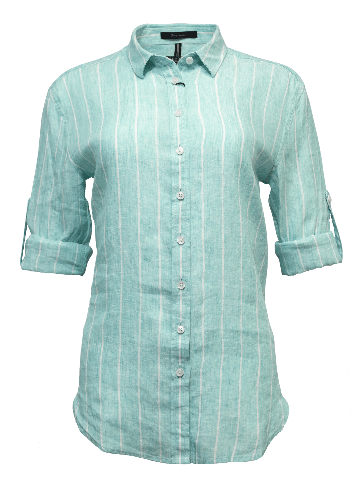 Introducing the Pilbara Ladies Linen Swiss Tab Shirt in light teal, made from 100% linen with long sleeves and white pinstripes. Sleeves roll up and secure with button tabs for a polished yet casual look.