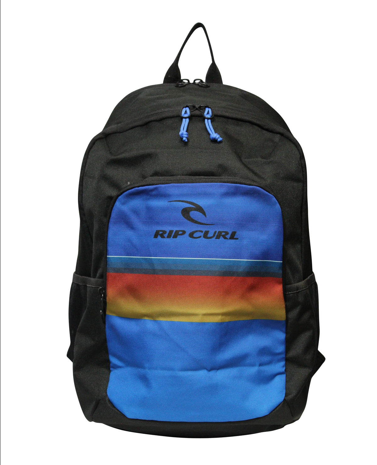 The Rip Curl Ozone 30L School Backpack is a stylish black accessory featuring a front pocket with blue, orange, and yellow stripes. Made from recycled polyester, it showcases the "RIP CURL" logo and includes blue drawstrings, a top handle, and a dedicated laptop section for convenience.