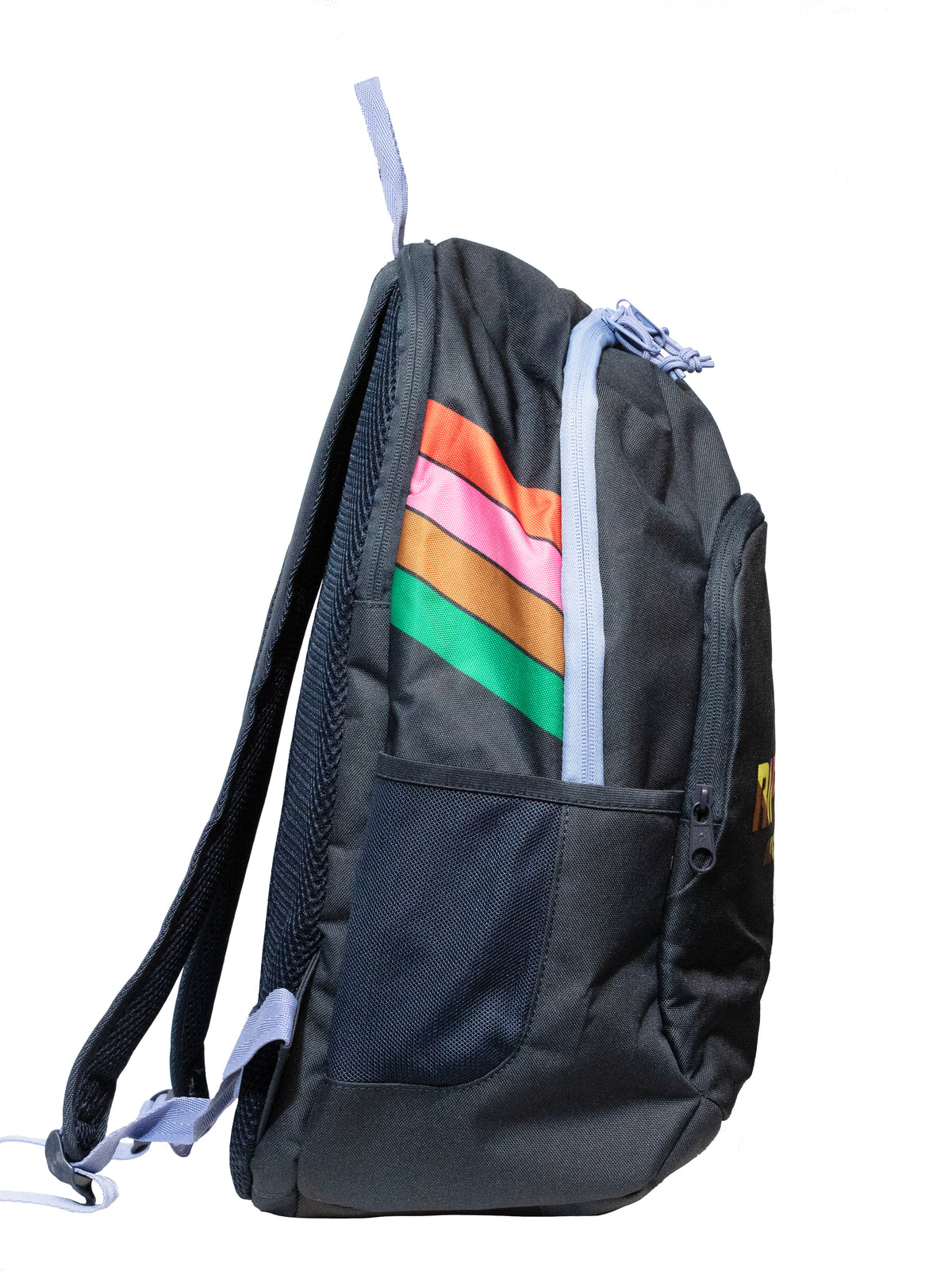Check out the Rip Curl Ozone 2.0 30L Backpack: Stylish and eco-friendly, made from recycled polyester. It's black with vibrant diagonal stripes in pink, orange, and green, features a front pocket with a blue zipper, a mesh side pocket, and is compatible with 15" laptops for your tech needs.
