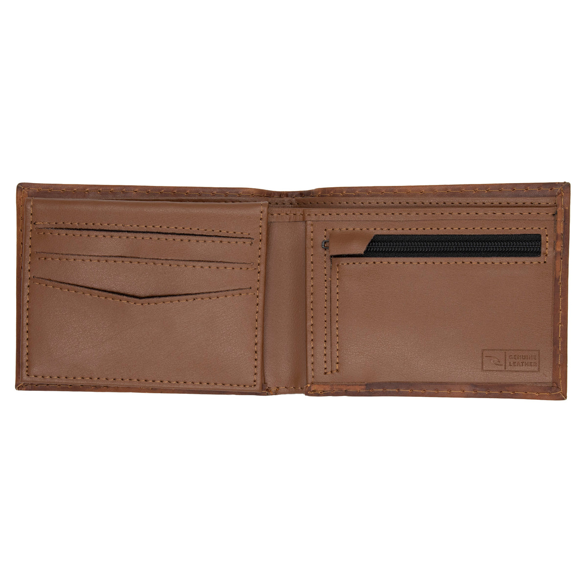 Explore the Rip Curl Surf Revival RFID All Day Wallet in open brown nubuck leather, featuring left-side card slots, a right-side zipped compartment, secure RFID protection, and embossed branding on the bottom right.