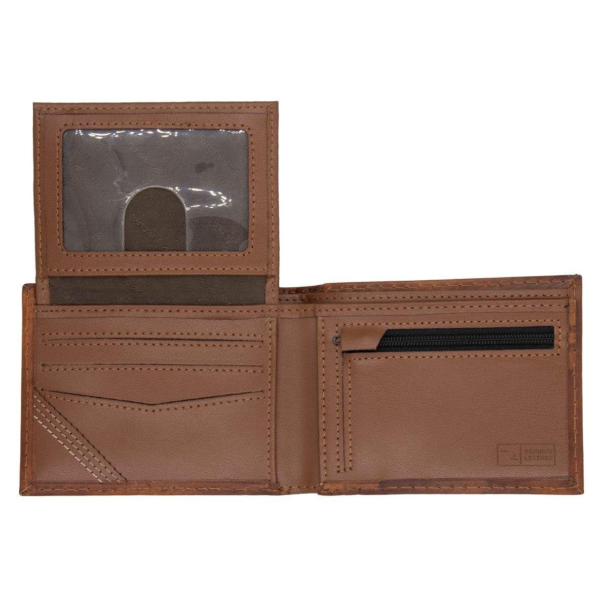 The Rip Curl Surf Revival RFID All Day Wallet is a brown leather wallet featuring multiple card slots on the left, a transparent ID window, and a secure zipped coin pocket on the right. Crafted from premium Nubuck Leather, it boasts detailed stitching and dependable RFID protection for security.