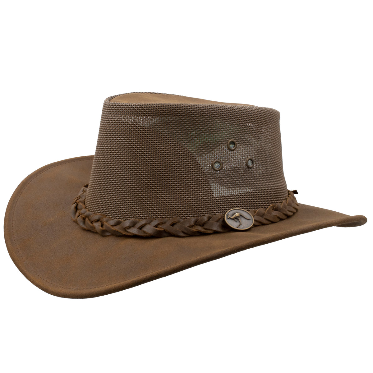 The Barmah Bushie Suede Cooler Hat features a brown suede finish with a wide brim and slightly upturned sides for sun protection. It has a woven texture crown, built-in ventilation, and is accented by a braided leather band with a small metallic emblem at the base.