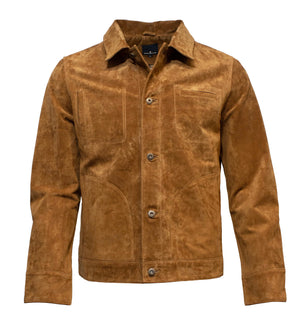 The Daniel Hechter Suede Jacket is a brown button-up with four buttons, two chest pockets, a refined collar, and long sleeves. Its smooth texture and tailored finish typify high-quality leather jackets.