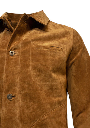 Close-up of a Daniel Hechter Suede Jacket in brown, featuring a notched collar, button fastening, and a chest pocket. The suede texture and button details highlight its craftsmanship.