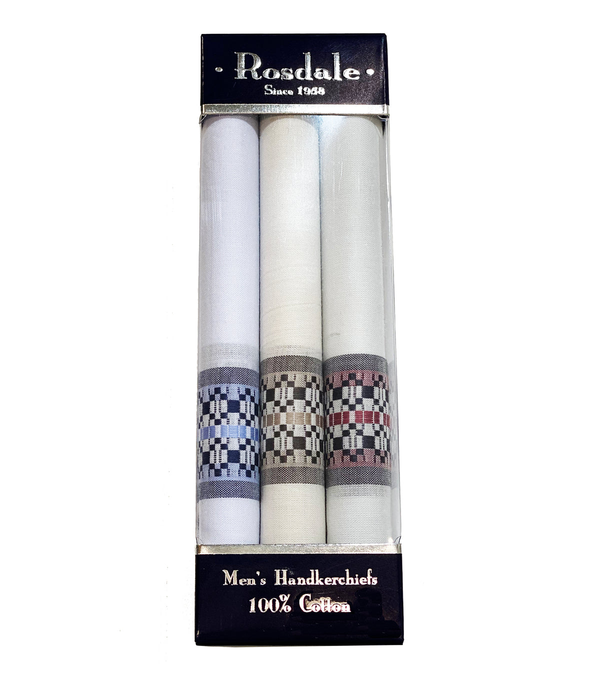 A set of three men’s handkerchiefs by Rosdale, packaged in a vertical box. Each 100% cotton hankie is white with a colored border in blue, gray, and red. The packaging features "Since 1968," "Gift for Men," and "Men's Handkerchiefs." This product is called the Rosdale Box Set Hankies 3pk.