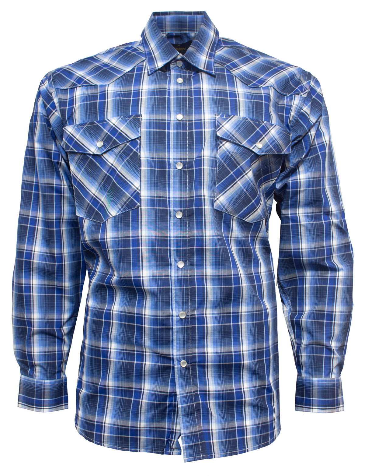 The Bisley Western Shirt is a blue and white plaid button-up featuring long sleeves and two front chest pockets with buttoned flaps. Its classic collar and relaxed fit highlight the intersecting horizontal and vertical lines in various shades of blue and white, all crafted from a durable Polyester/Cotton blend.