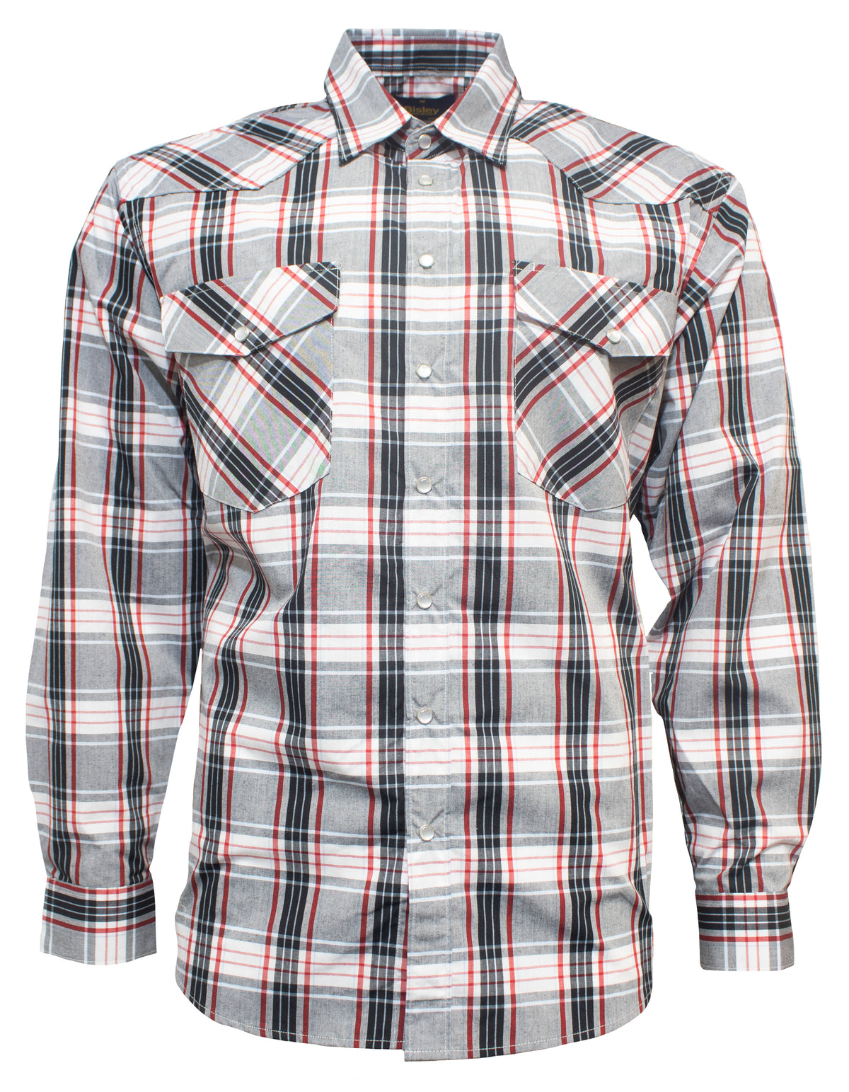 The Bisley Western Shirt is a long-sleeve button-up designed with a classic plaid pattern in shades of grey, white, black, and red. Made from a durable polyester/cotton blend, it features a pointed collar, two front chest pockets with buttoned flaps, and buttons running down the front.