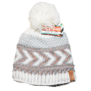 The Anticorp Ladies Arrow Lined Beanie is shown in white, gray, and peach. This knit beanie includes a pom-pom on top, a zigzag pattern, fleece lining for extra warmth, and a small brown tag with the brand name "Zusticorp" attached. It’s decorated with the label "Innovative Australian Knitwear.