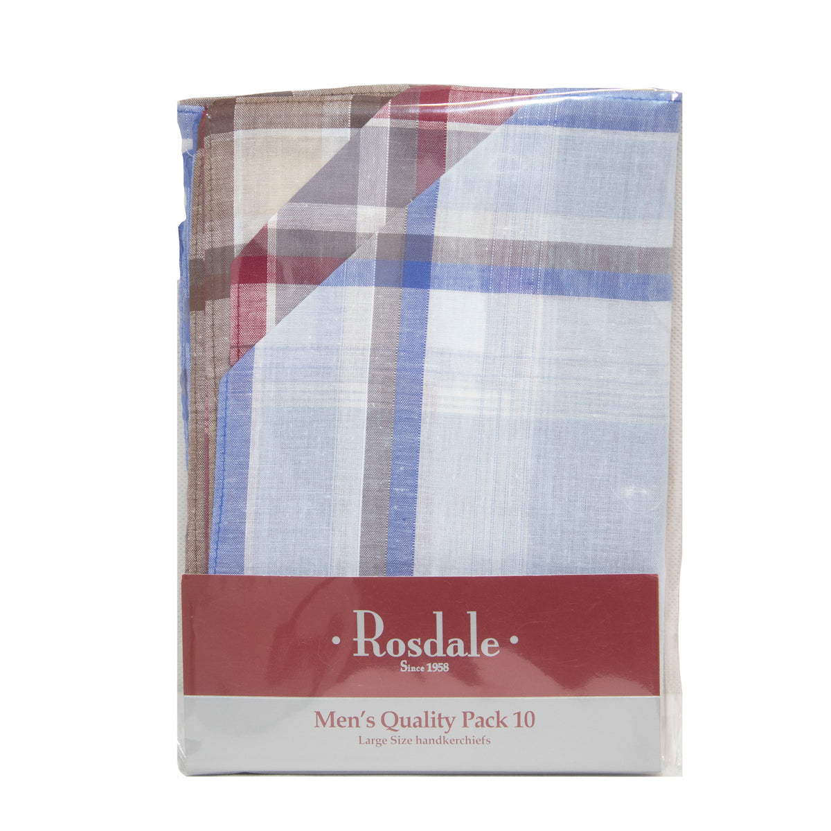 Introducing the Rosdale Quality 10 Pack Hankies: a set of men's handkerchiefs crafted from 100% cotton. The clear plastic packaging showcases the brand "Rosdale," containing "Men’s Quality Pack 10" hankies in a variety of colors and plaid patterns, including blue, red, brown, and beige. Complete your collection with this versatile assortment.