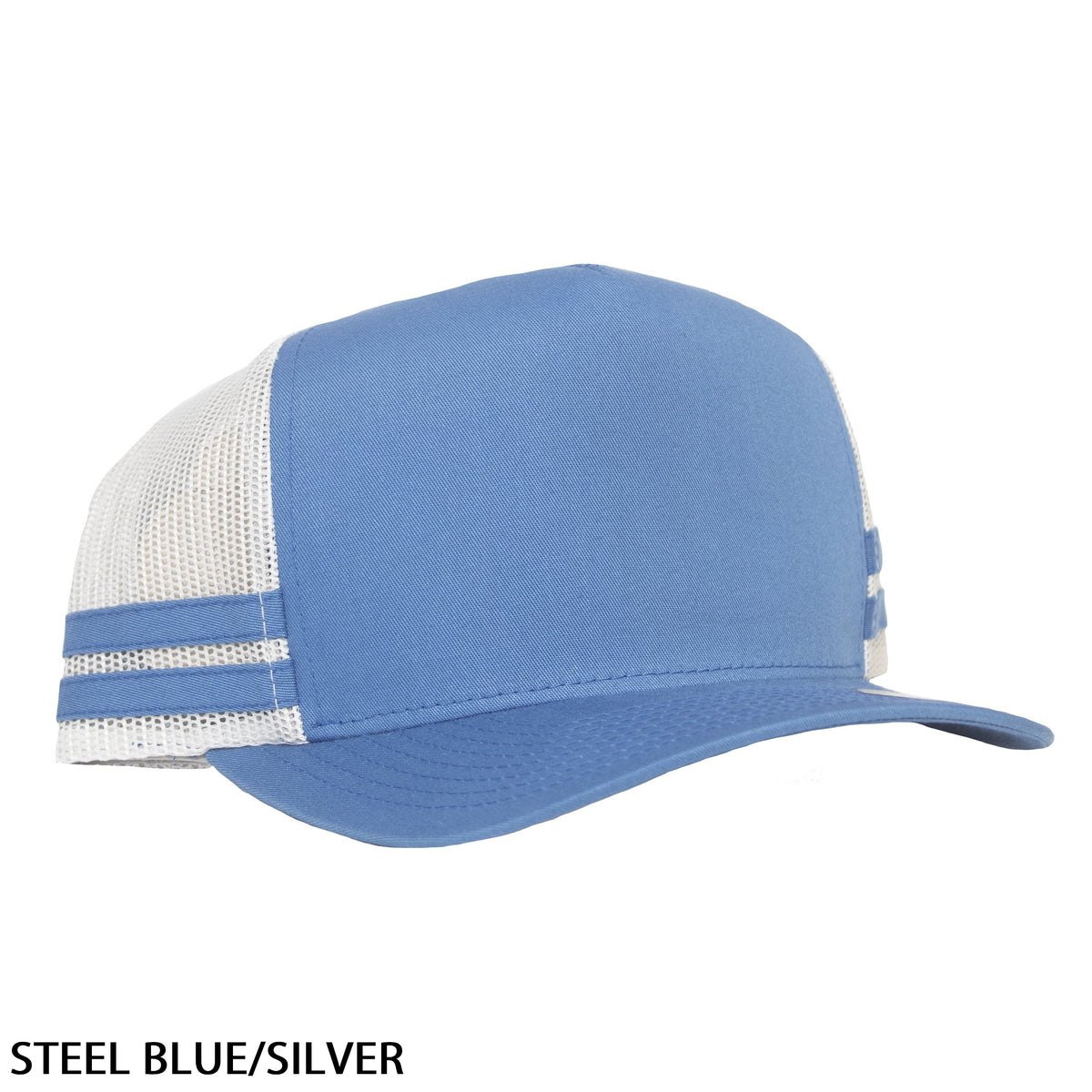 The FlexFit Stripe Cap is a lightweight hat in steel blue and silver, featuring a mesh back. It includes a curved bill, two horizontal silver stripes on the side, and an adjustable strap for comfort. The text "STEEL BLUE/SILVER" is written in the bottom left corner.