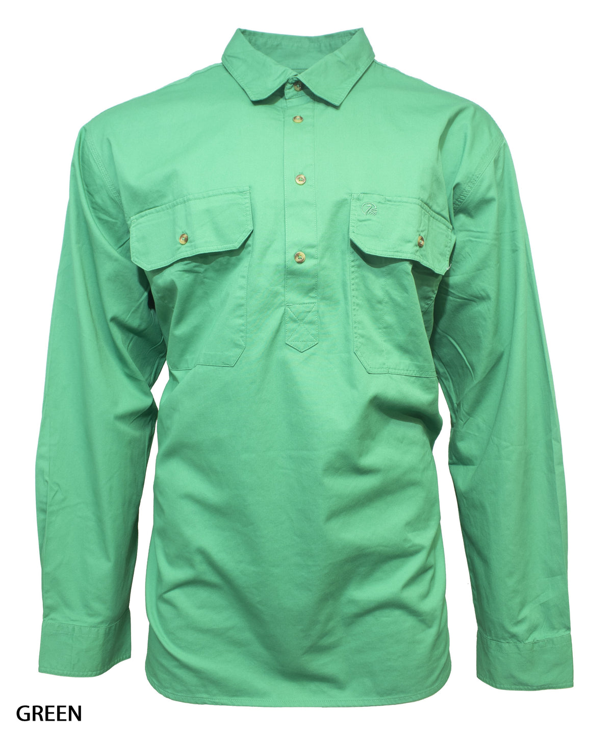 The Swanndri Bendigo Work Shirt is a long-sleeved, button-up green 100% cotton shirt with two chest pockets, pictured on a white background with "GREEN" in black text at the bottom left.