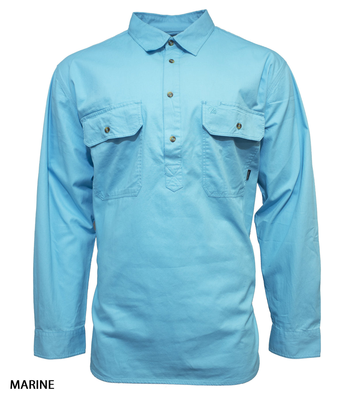 The Swanndri Bendigo Work Shirt in light blue features long sleeves, 100% cotton fabric, two front chest pockets, and a collar. Shown on a white background with "MARINE" printed in the bottom left corner.