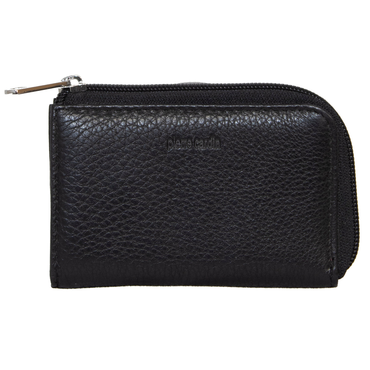 The Pierre Cardin Coin Purse is a black leather wallet with RFID protection and a zip closure on the top and right side. The texture of its genuine Italian leather is visible, and the brand name appears subtly embossed on the front.
