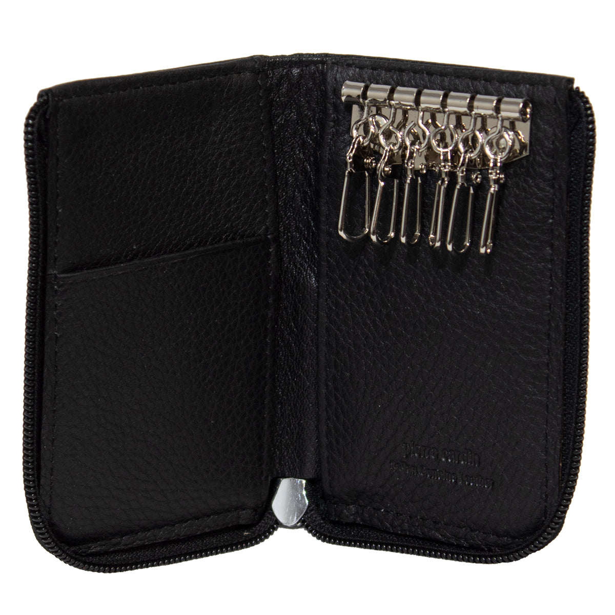 The Pierre Cardin Coin Purse is open, displaying six metal key hooks attached to the inside. Crafted from Genuine Italian Leather, the coin purse features a zipper closure and two inner pockets on the left side for additional storage. The textured leather adds sophistication to this practical accessory.