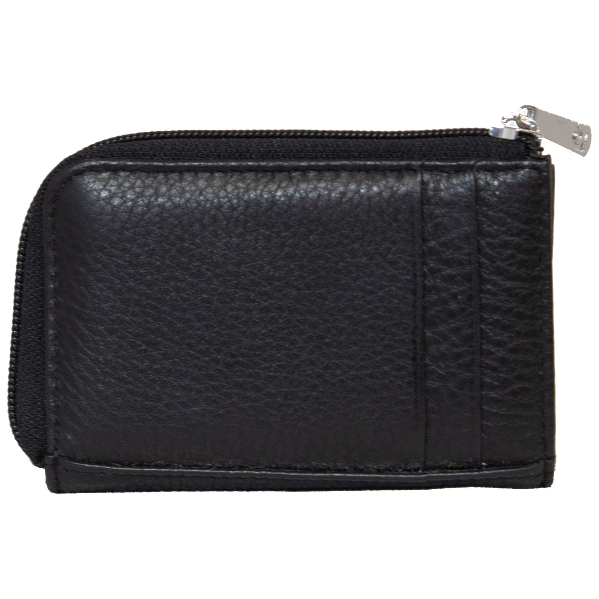 Introducing the Pierre Cardin Coin Purse: A sleek black leather wallet with a top zipper closure. Crafted from Genuine Italian Leather, it features a textured finish and a compact design. This versatile piece not only provides RFID protection for your cards but also functions as a convenient coin purse.