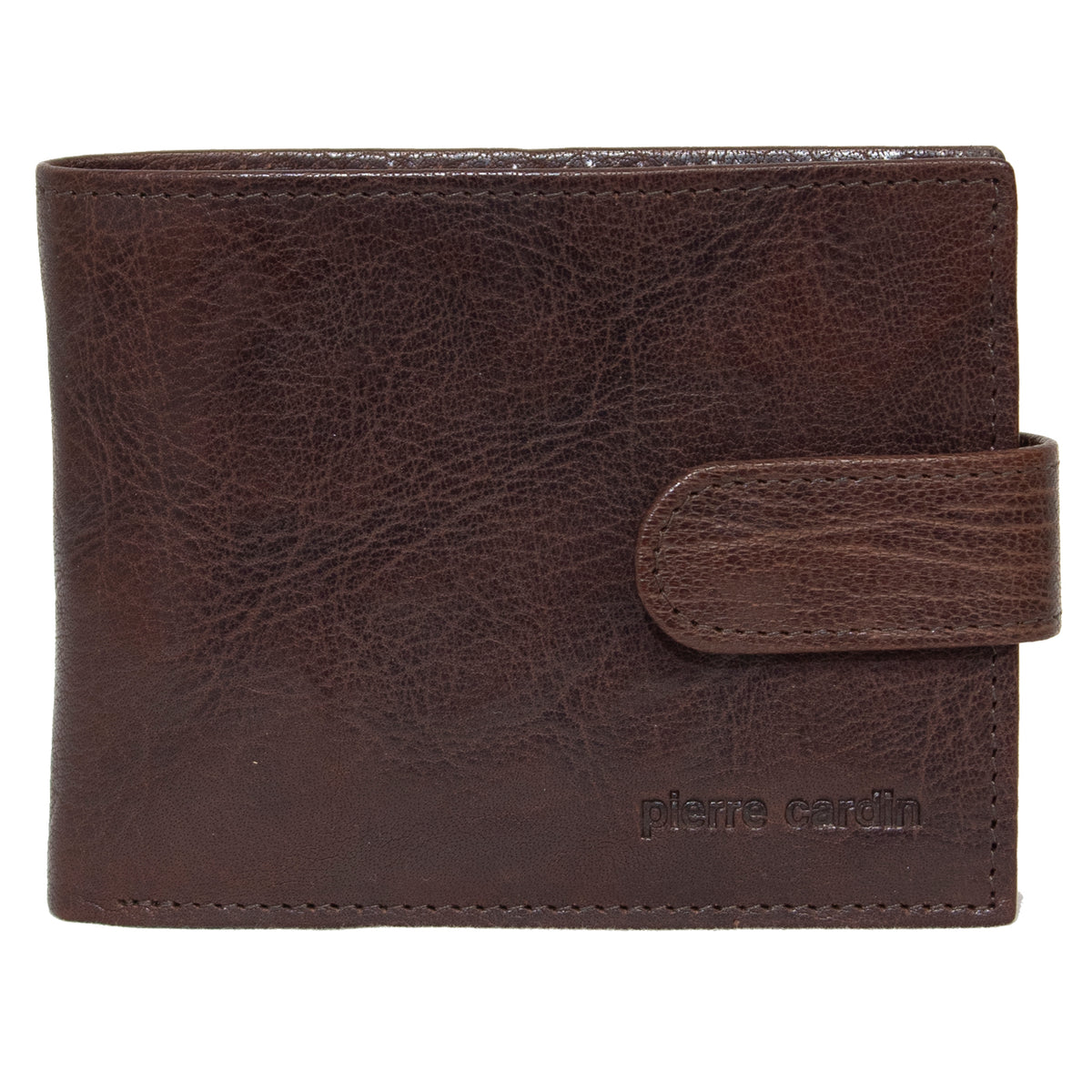 Introducing the Pierre Cardin Wallet, a brown leather accessory with a textured finish and a snap closure strap. The words "Pierre Cardin" are embossed in the bottom right corner of this Genuine Italian Leather wallet, which also offers RFID protection.
