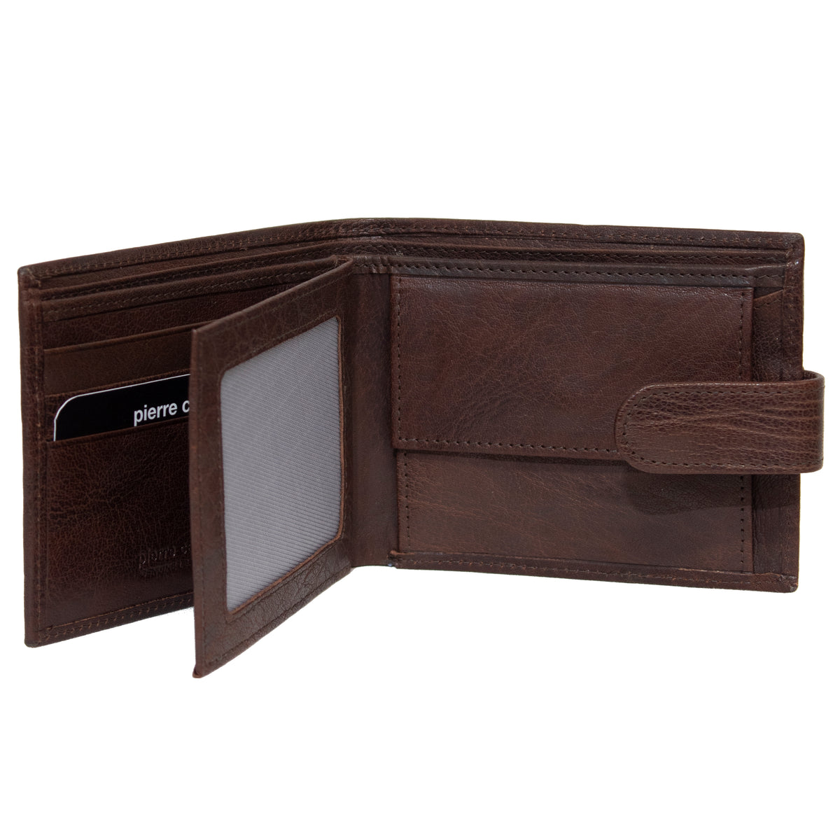 The Pierre Cardin Wallet, crafted from genuine Italian leather in a rich brown hue, is displayed open to showcase its multiple compartments. One side features a black card partially peeking out from a slot, while the other sports a clear ID window and a flap secured with a snap button. The meticulously done interior stitching enhances its RFID protection feature.