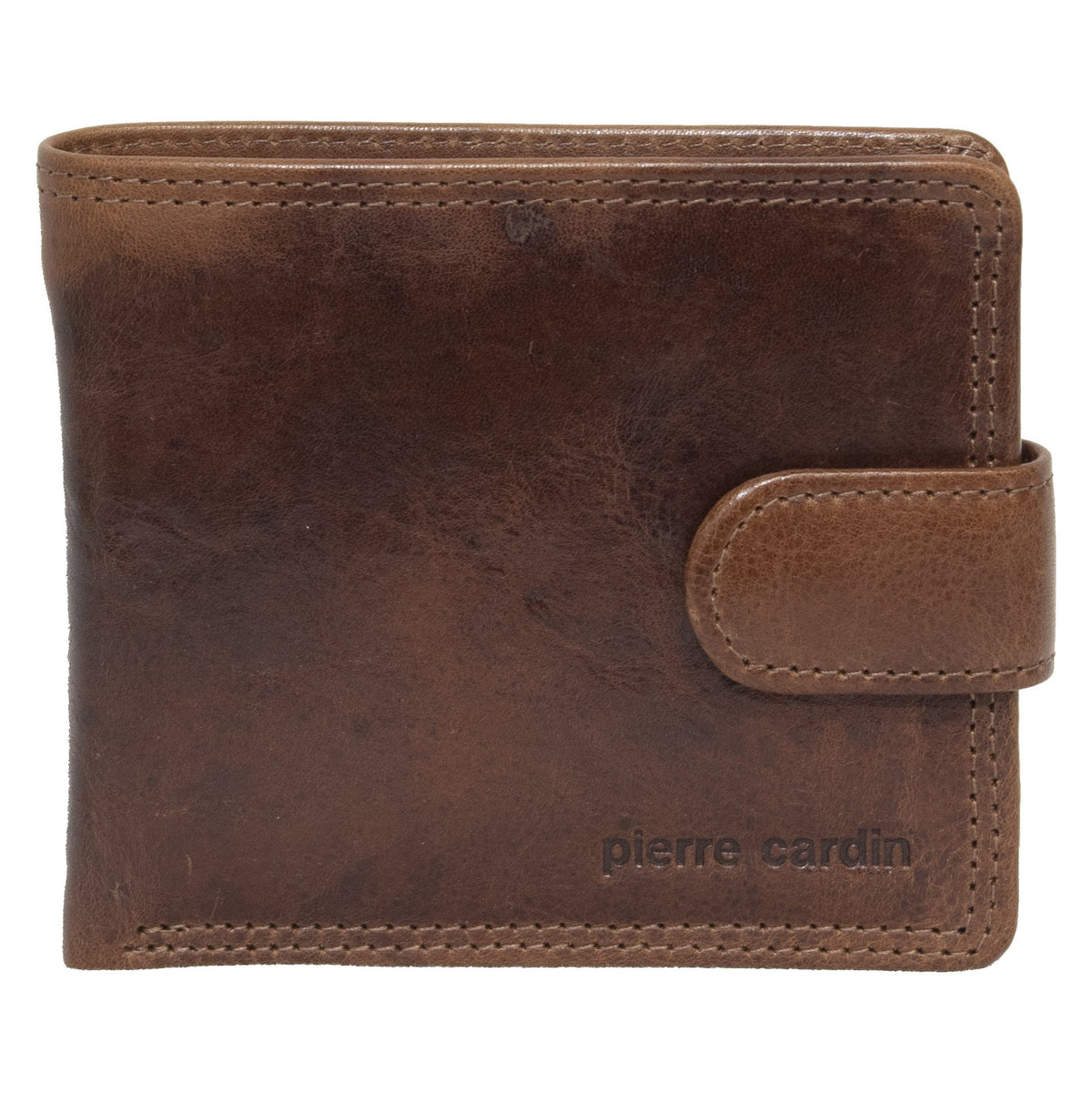 The Pierre Cardin Wallet is a brown accessory made from genuine Italian leather, adorned with a snap closure and "pierre cardin" embossed in the lower right corner. With its slightly worn, vintage look, it offers RFID protection and is presented against a white background.