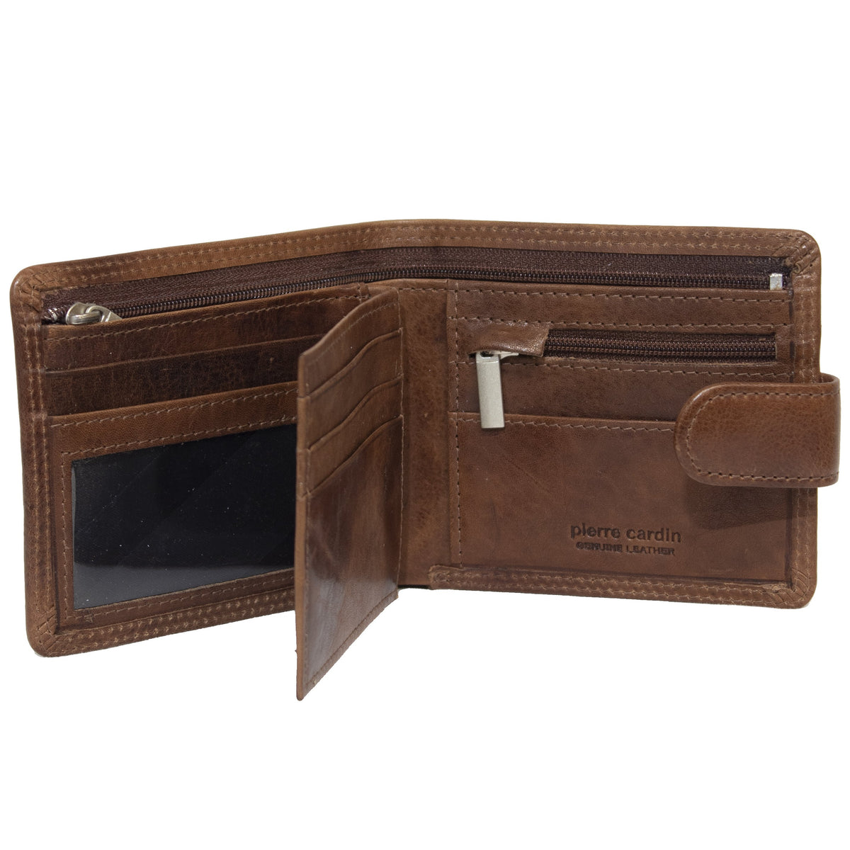 A Pierre Cardin Wallet in brown, made of 100% genuine Italian leather, is open to reveal multiple compartments including card slots, a clear ID window, and zippered sections. The interior proudly displays the embossed "Pierre Cardin" logo with "100% genuine Italian leather" written underneath. This wallet also offers RFID protection for enhanced security.