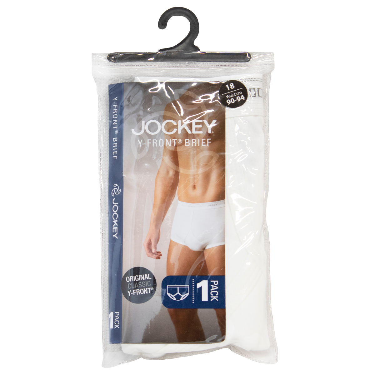 A package of Jockey Classic Y Front briefs with a black plastic hanger. The transparent packaging displays a picture of a man wearing white Y-front briefs, highlighting their high-rise waist and breathable cotton fabric. The text on the package reads "Jockey Classic Y Front," indicating a classic style in a pack of one.