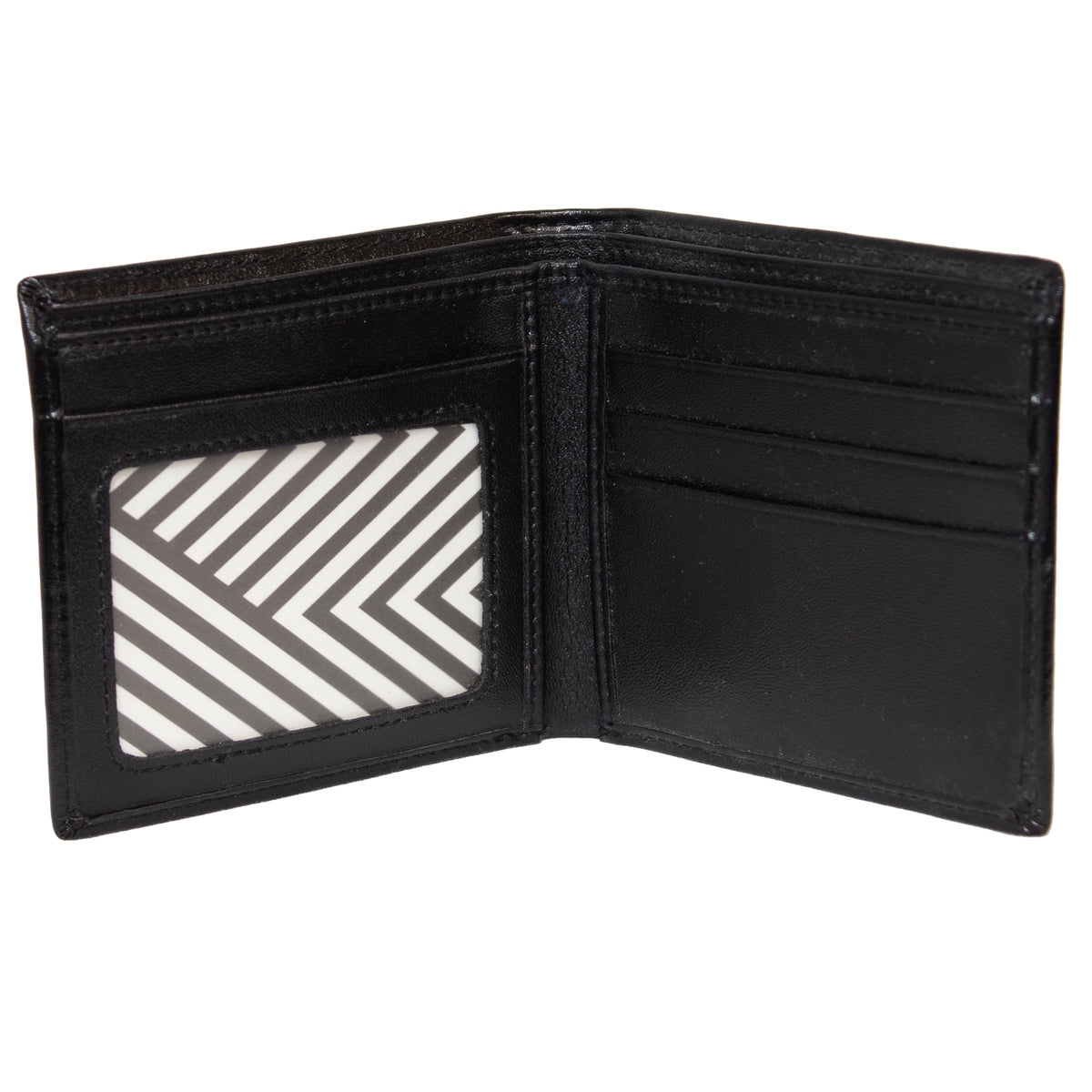 Display the Buckle Bifold Wallet with Zipper, featuring an ID slot adorned with a geometric black-and-white striped pattern inside, along with three card slots on the right side.