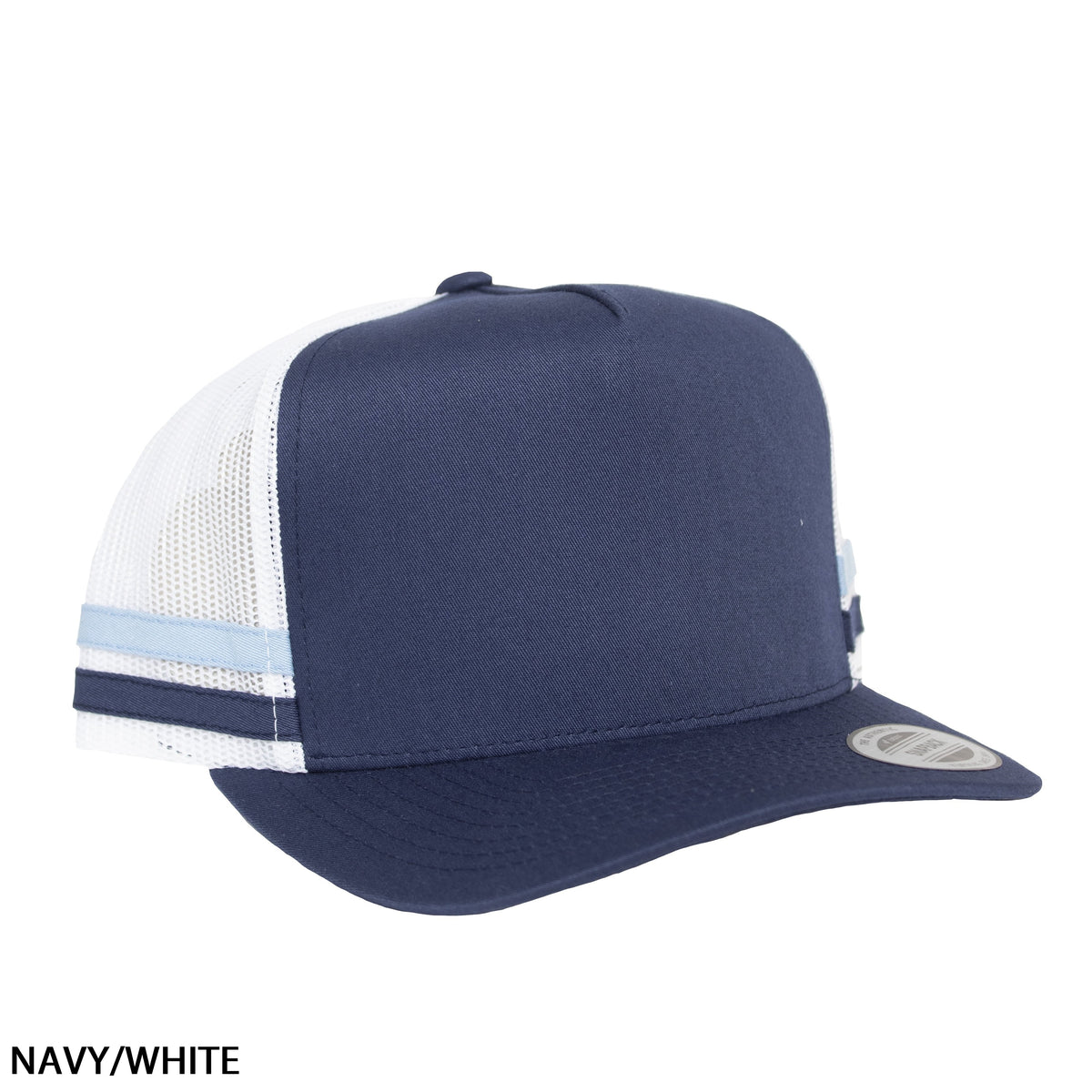 The FlexFit Stripe Cap features a navy blue and white design with a mesh back. The front panel is solid navy blue, while the back panels are white mesh, complemented by light blue and white striped detailing on the left side. This cap offers a lightweight design and an adjustable strap for comfort. The image background is white, with "NAVY/WHITE" at the bottom left.