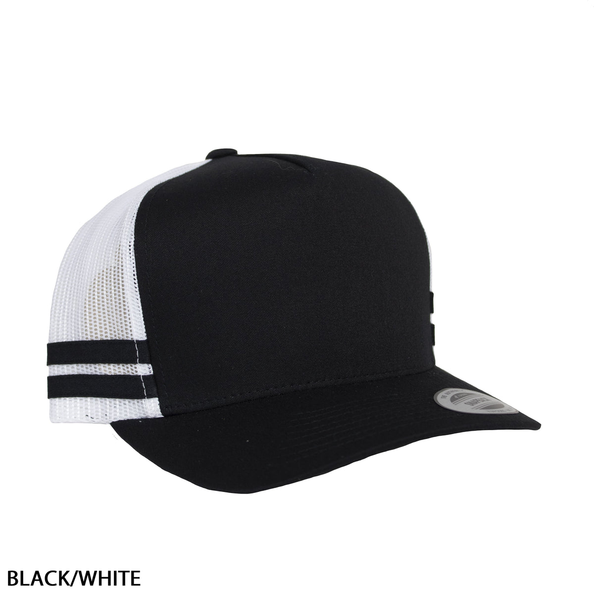 The FlexFit Stripe Cap features a sleek design with a solid black front and bill, along with two parallel black stripes on the sides. The back and sides are made of lightweight white mesh fabric, offering breathability. The text "BLACK/WHITE" is written in the bottom left corner, and an adjustable strap ensures a perfect fit.