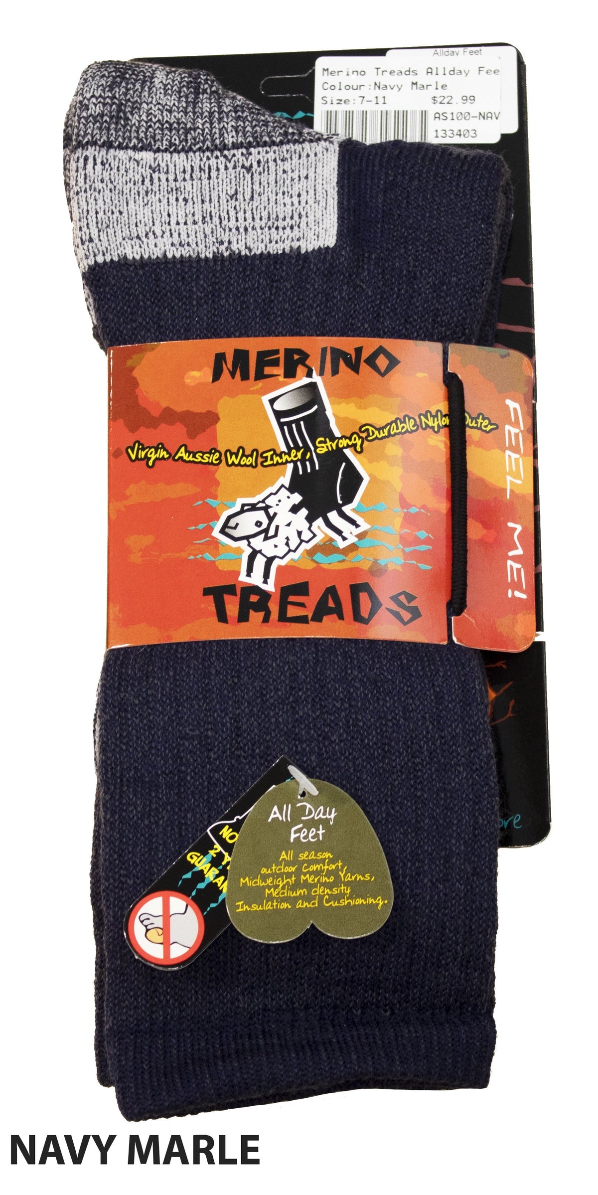 A pair of Merino Treads Allday Feet socks, perfect as winter work socks, is displayed in its packaging. Featuring "Virgin Aussie Wool," "Strong Durable Nylon," and cushioning and insulation for "All Day Feet," these navy marle Merino wool socks offer unbeatable comfort and durability for outdoor everyday wear.
