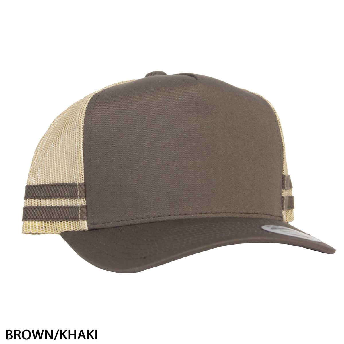 Introducing the FlexFit Stripe Cap - a stylish accessory featuring a solid brown front panel and brim with khaki mesh sides and back for optimal ventilation. The side panels are adorned with elegant brown stripes, adding a touch of flair. An adjustable strap ensures a perfect fit, and the bold text below proudly displays "BROWN/KHAKI." Its lightweight design enhances comfort, making it an ideal choice for any occasion.