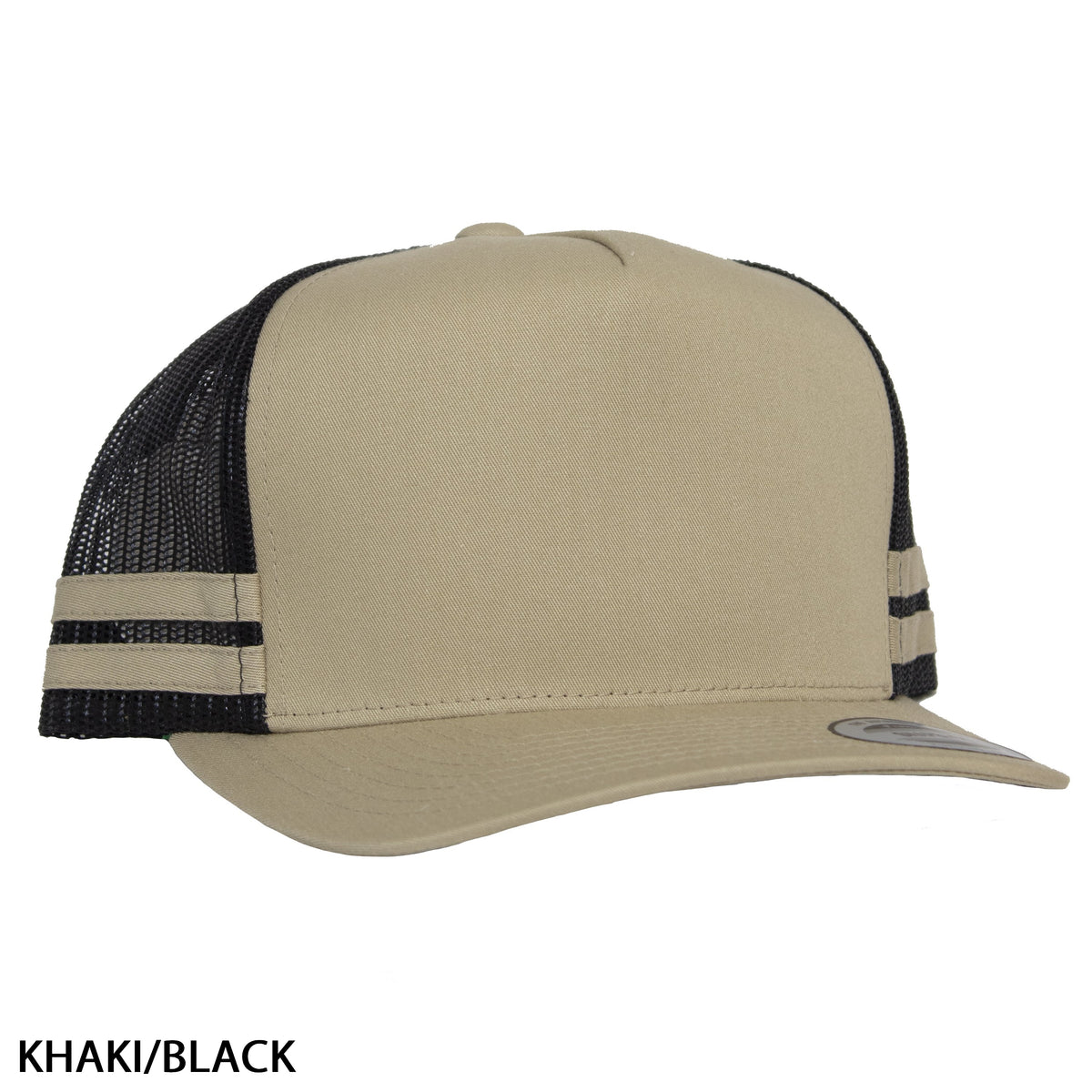 The FlexFit Stripe Cap is a lightweight khaki-colored hat featuring a black mesh back and two black stripes on both sides. The brim and front panel boast a solid khaki color with a structured, flat-bill design. An adjustable strap provides the perfect fit, while the text "KHAKI/BLACK" appears in the bottom left corner.