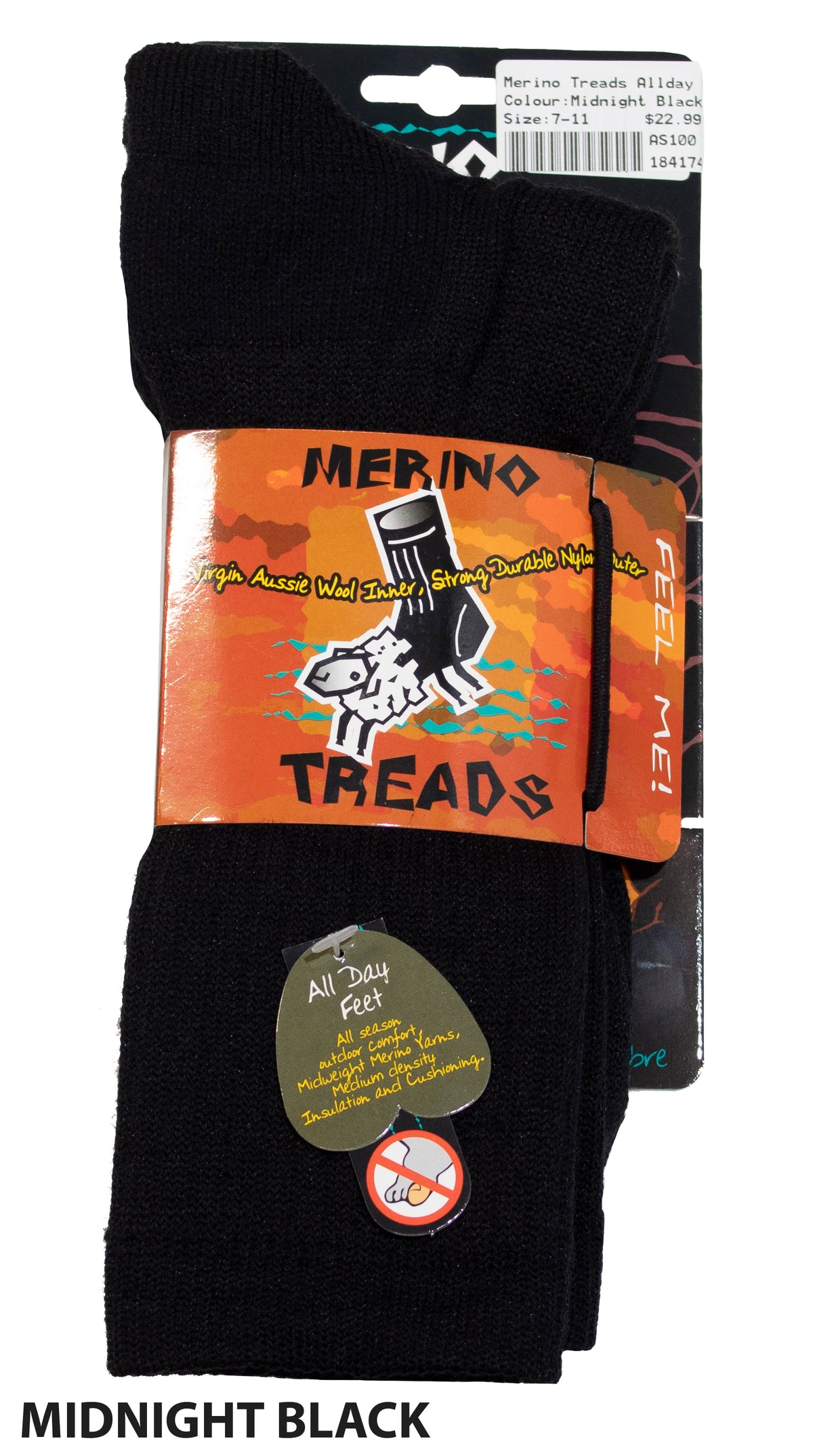 A pair of black Merino Treads Allday Feet socks, perfect for everyday outdoor wear, is displayed in its packaging. The label emphasizes their strength, durability, and comfort, indicating they are suitable for all-day use. The packaging features a striking orange and black color scheme with detailed graphics and text.