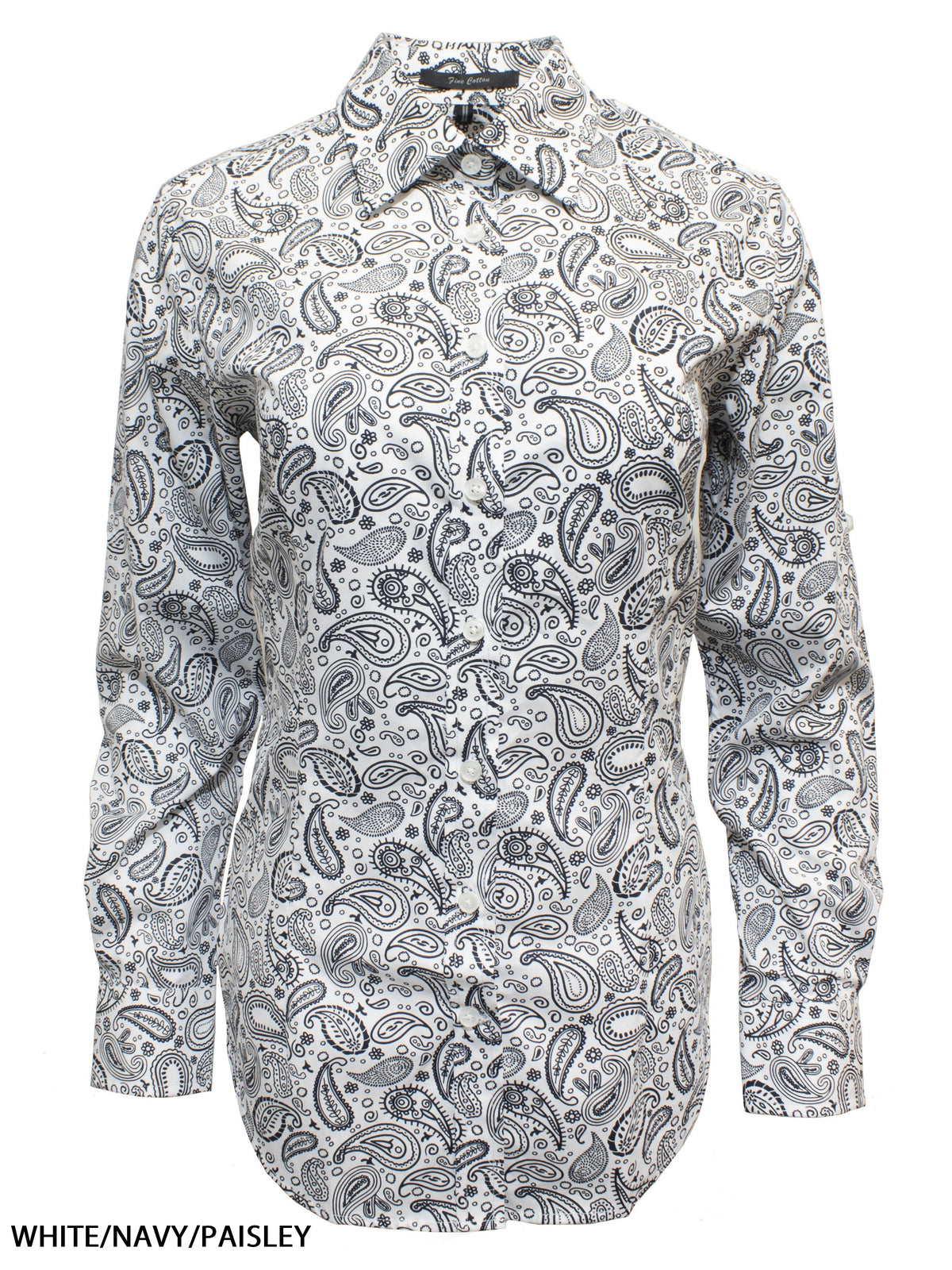 The Ritemate Ladies Classic Fit L/S Shirt is a long-sleeved button-up with a white base, navy blue paisley print, neat fit, classic collar, and made from 100% cotton for comfort.