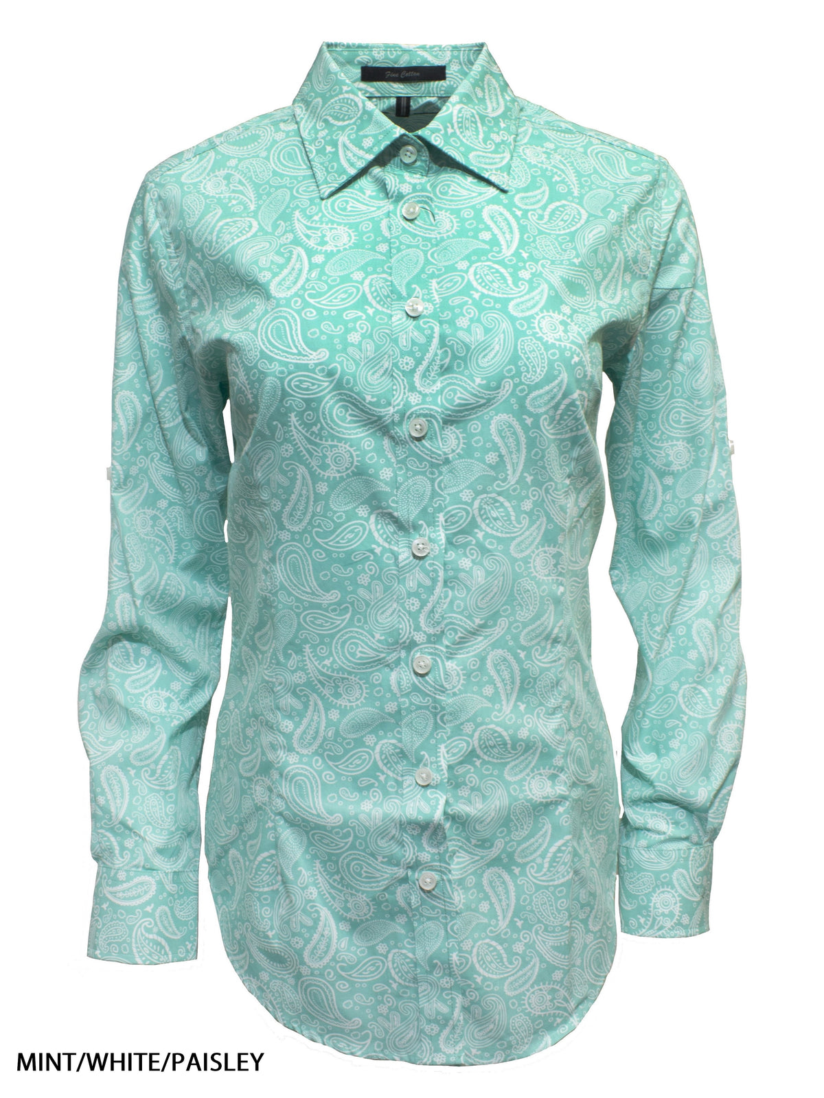 Ritemate Ladies Classic Fit L/S Shirt in mint green with a white paisley pattern, featuring long sleeves and a pointed collar, shown on a plain white background.