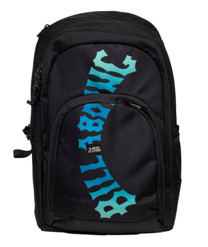 The Billabong Command Backpack is a sleek black bag with blue and turquoise stylized text on the front pocket, two zippered compartments, a dedicated laptop slot, and a tag indicating 0.4 kg weight and 27 litres capacity.