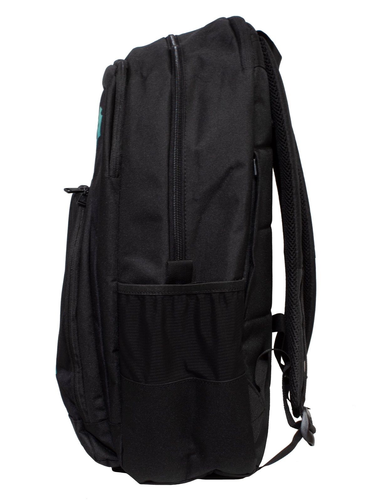 The Billabong Command Backpack in black is shown from the side on a white background. It features a large main zip compartment, laptop sleeve, front pocket, mesh side pocket, and padded adjustable shoulder straps for comfort.