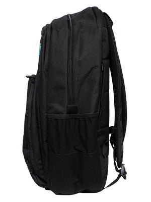 The Billabong Command Backpack in black is shown from the side on a white background. It features a large main zip compartment, laptop sleeve, front pocket, mesh side pocket, and padded adjustable shoulder straps for comfort.