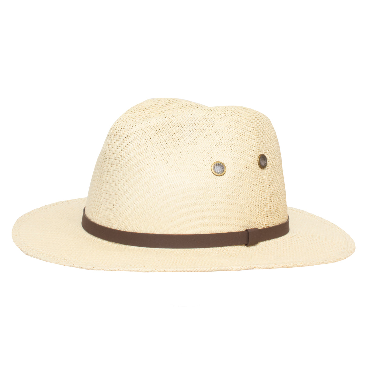 The Avenel Woven Safari is a beige Toyo straw hat with a safari style, featuring a brown band around its base. Its wide brim is slightly downturned, providing excellent sun protection with UPF 50+. Two small circular air vents with metal rims on the side ensure breathability, seamlessly combining classic and casual styles.
