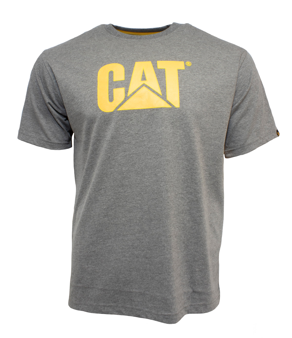 The CAT Trademark Logo Tee is a comfortable cotton shirt featuring a bold, yellow "CAT" print with a triangle underneath on the front.