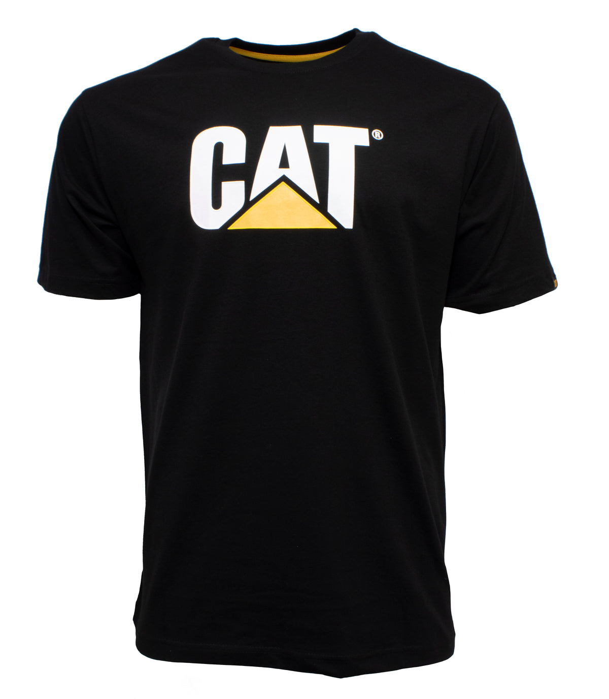 The CAT Trademark Logo Tee is a stylish black crew neck T-shirt featuring "CAT" in bold white letters and a yellow triangle beneath the "A," providing comfort with a unique design.