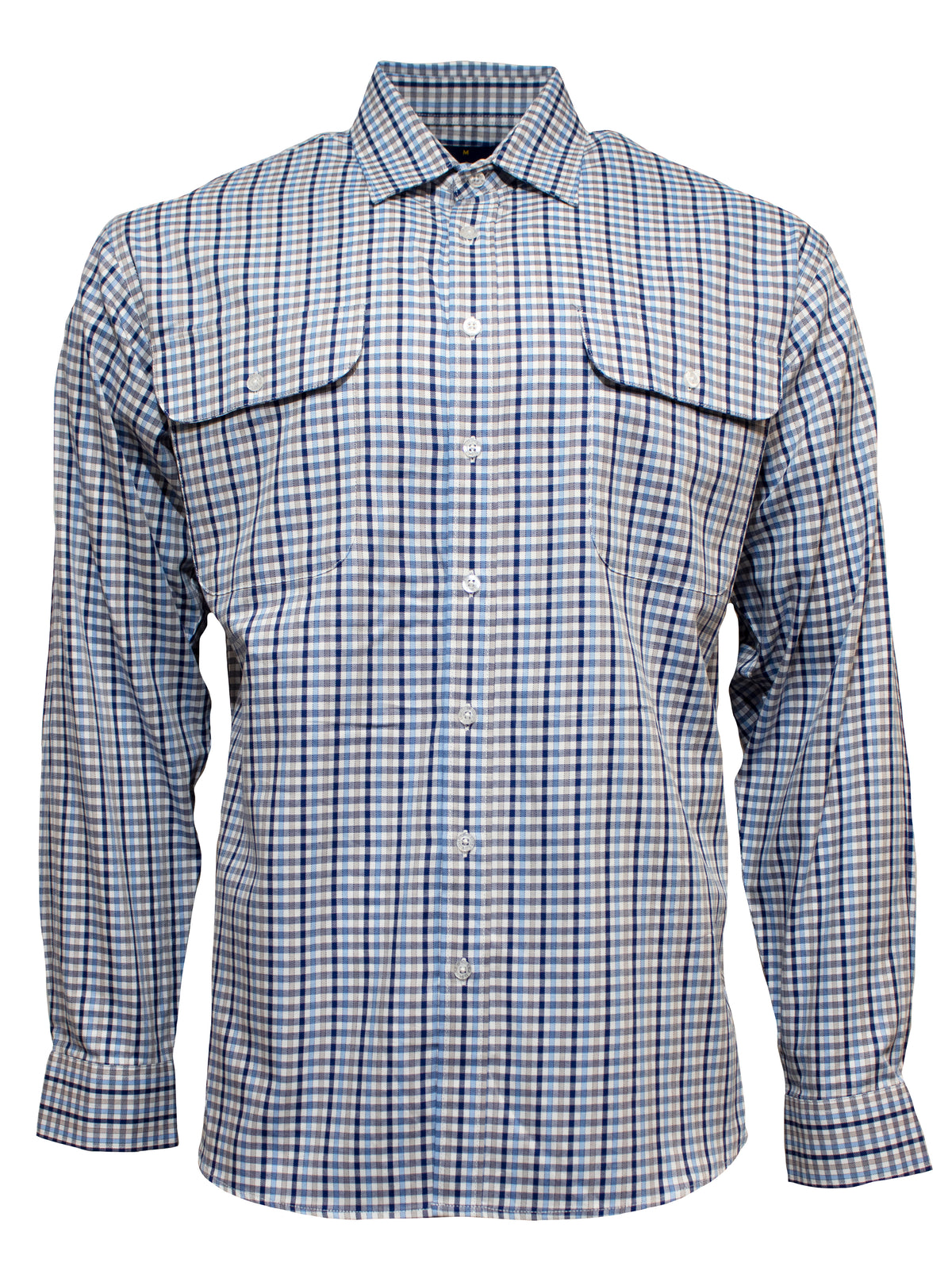 The Bisley Countryman Cotton Shirt is a long-sleeved, button-up piece featuring a blue, white, and brown checkered pattern. It boasts two flap chest pockets and a classic collar, with sleeves that are finished with buttoned cuffs. Made from 100% cotton for ultimate comfort and durability.