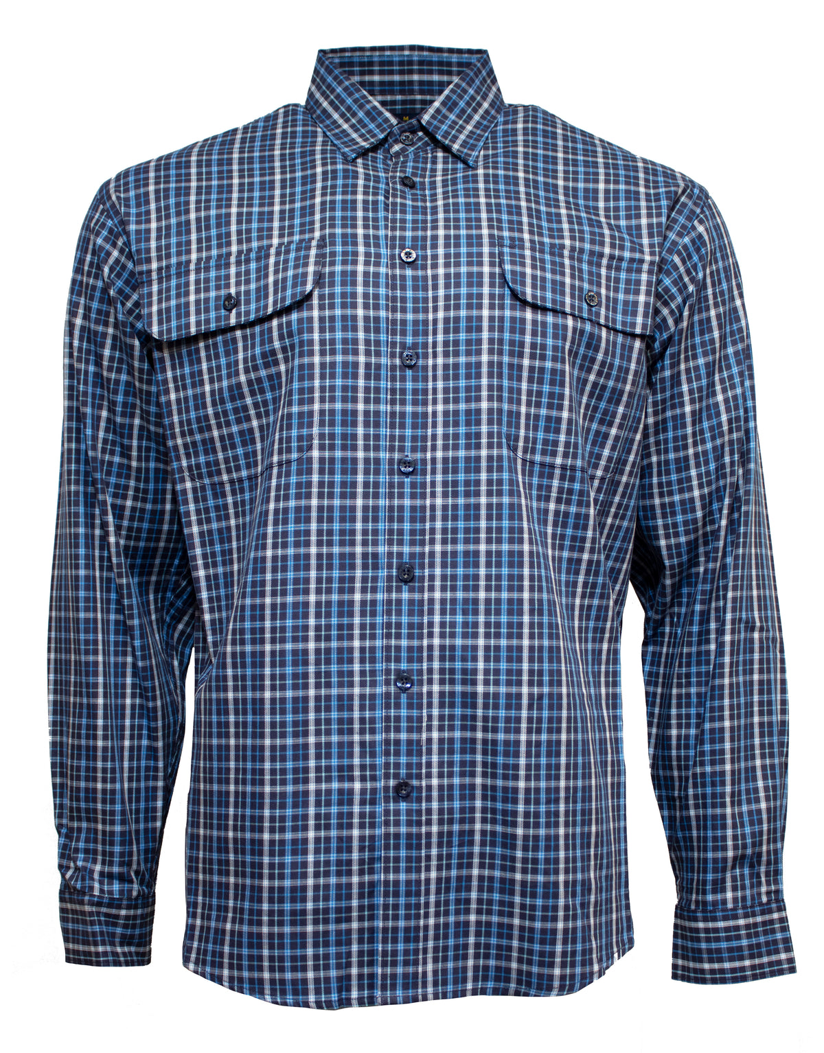 A Bisley Countryman Cotton Shirt with long sleeves and a button-up front, showcasing a blue and white plaid pattern. The shirt includes a collar and two buttoned chest pockets with flaps, displayed on an invisible model against a plain white background.