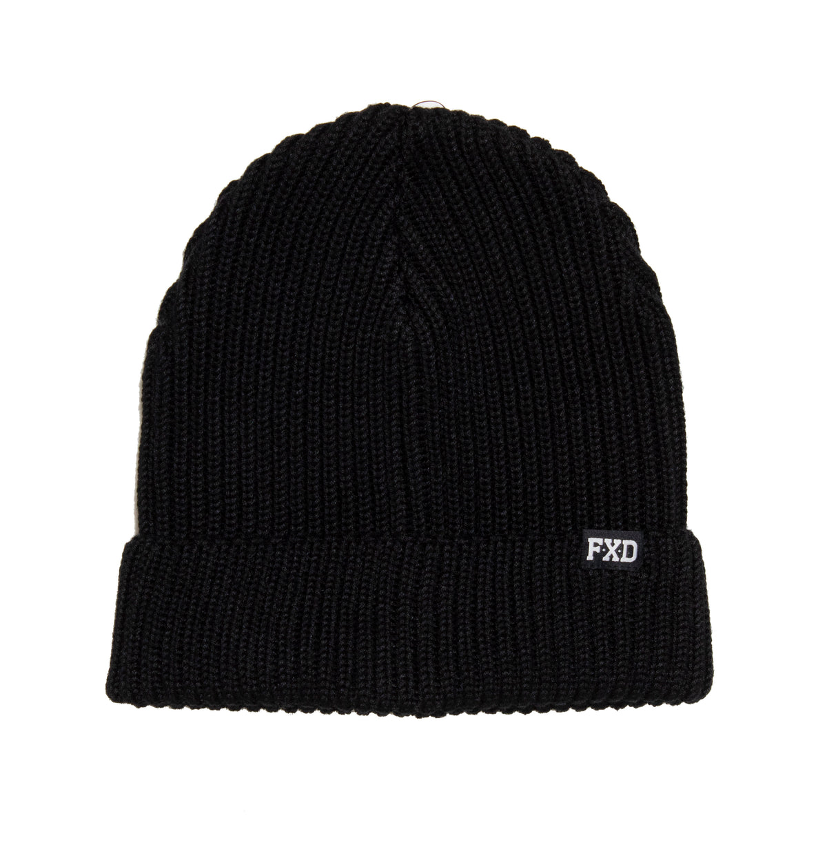 The FXD CP-9 Beanie is a black knitted beanie hat with a folded brim made from recycled polyester. It features a rib knit design and includes a small white tag on the front with "FXD" embroidered on it, giving it a classic, cozy appearance.
